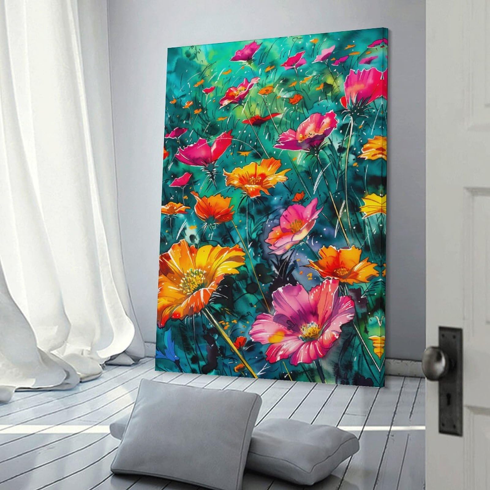 Junmoney Watercolor Flower Field Decorative Canvas Print 20x30inch(50x75cm), for Gallery Wall Layouts in Home Or Office, Home Wall Art for Statement Displays