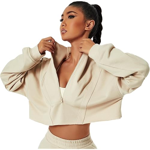 HerGymClothing Womens Cropped Sweatshirt Patchwork Long Sleeve Half Zip Stand Collar Workout Crop Tops Athletic Jacket