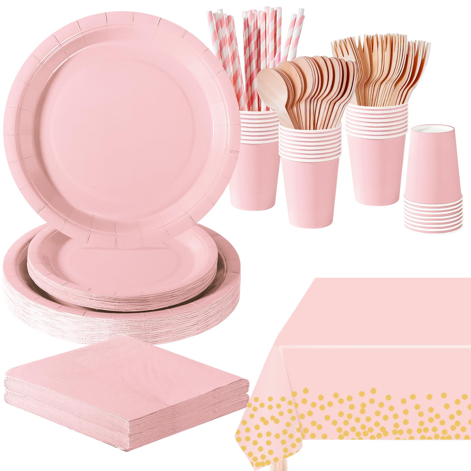 PYAILI 193 Pcs Morandi Pink Party Tableware Set, Paper Plates Cups Napkins Tablecloth, Dinnerware Set for Kids Adult Birthday,Wedding,Baby Shower Party Tableware
