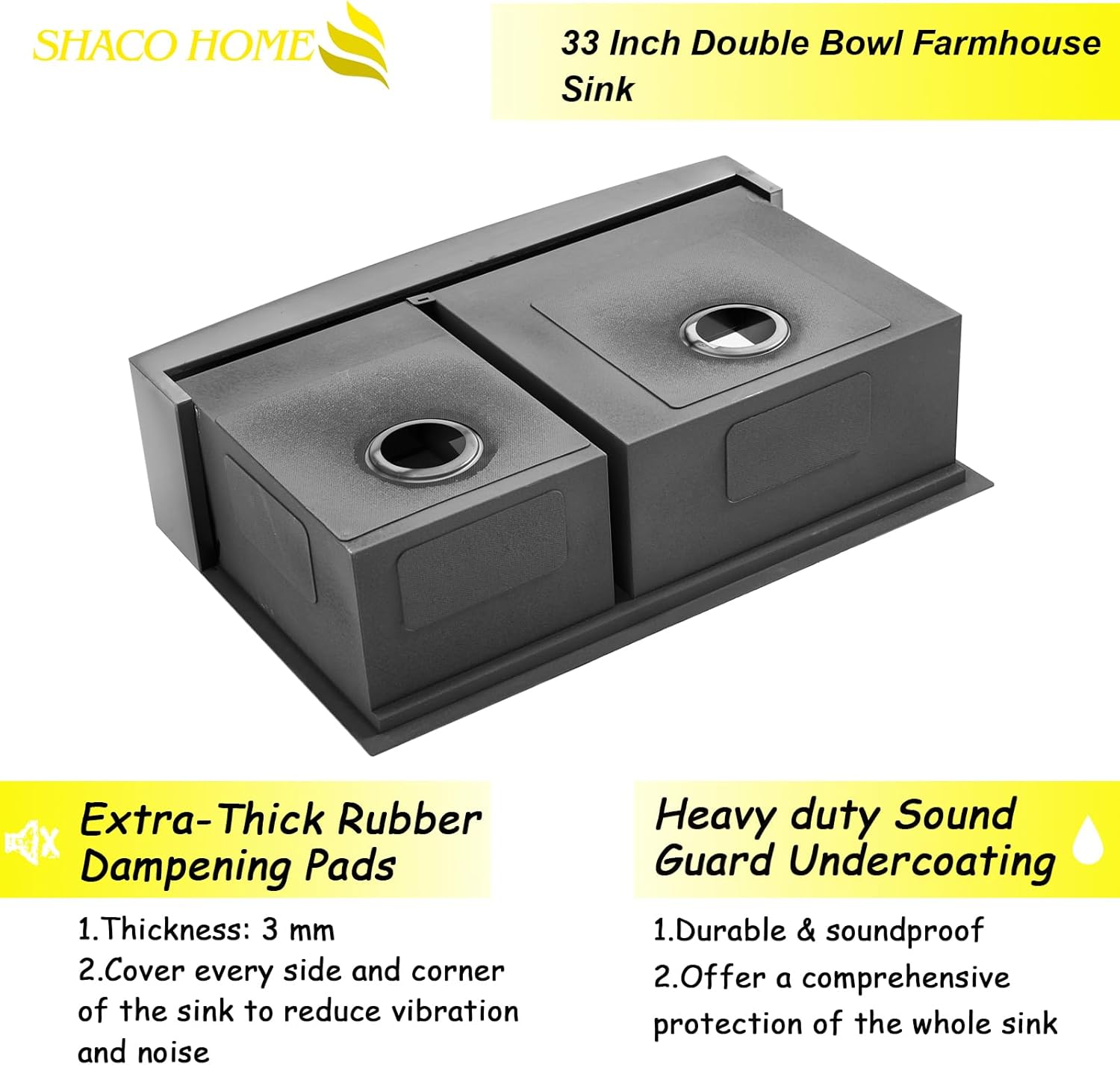 SHACO Double Bowl 60/40 Black Farmhouse Sink, 33x22 Inch Stainless Steel Apron Front Divided Double Basin Farmhouse Kitchen Sink, Gunmetal Black Farm Workstation Sink