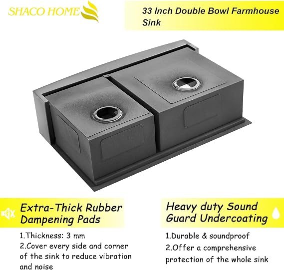 SHACO Double Bowl 60/40 Black Farmhouse Sink, 33x22 Inch Stainless Steel Apron Front Divided Double Basin Farmhouse Kitchen Sink, Gunmetal Black Farm Workstation Sink