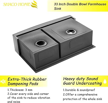 SHACO Double Bowl 60/40 Black Farmhouse Sink, 33x22 Inch Stainless Steel Apron Front Divided Double Basin Farmhouse Kitchen Sink, Gunmetal Black Farm Workstation Sink