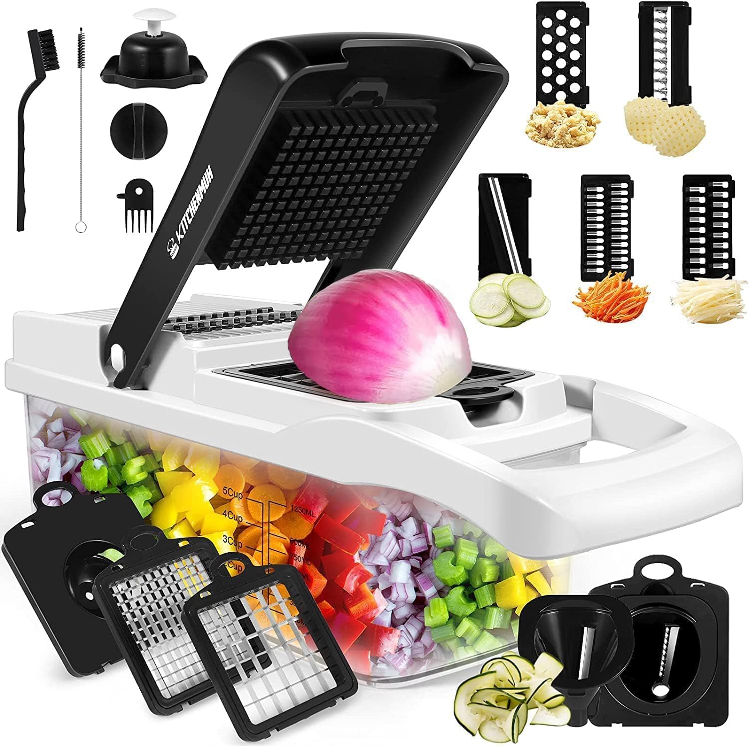 YurDoca Vegetable Chopper, Vegetable Chopping, 16-in-1 Deluxe Chopper Kitchen Gifts | Onion & Dicer Peeler, Spiralizer, Lemon Squeezer, Egg Slicer Seperator- Ultimate Gadget, Black-j