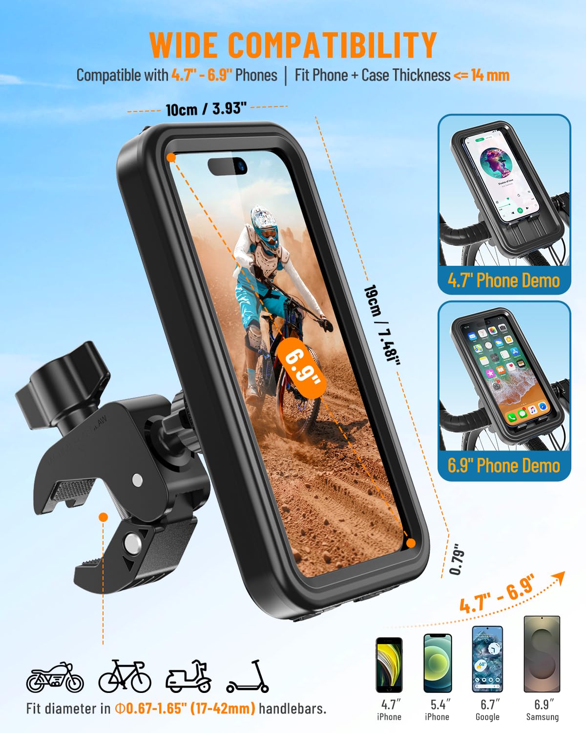 Support Téléphone Moto Etanche [Déverrouillage Rapide en 1S] Support Téléphone Vélo Rotation à 360° Porte Telephone Scooter de Guidon avec Ecran Tactile pour Téléphone Jusqu' à 6,9"