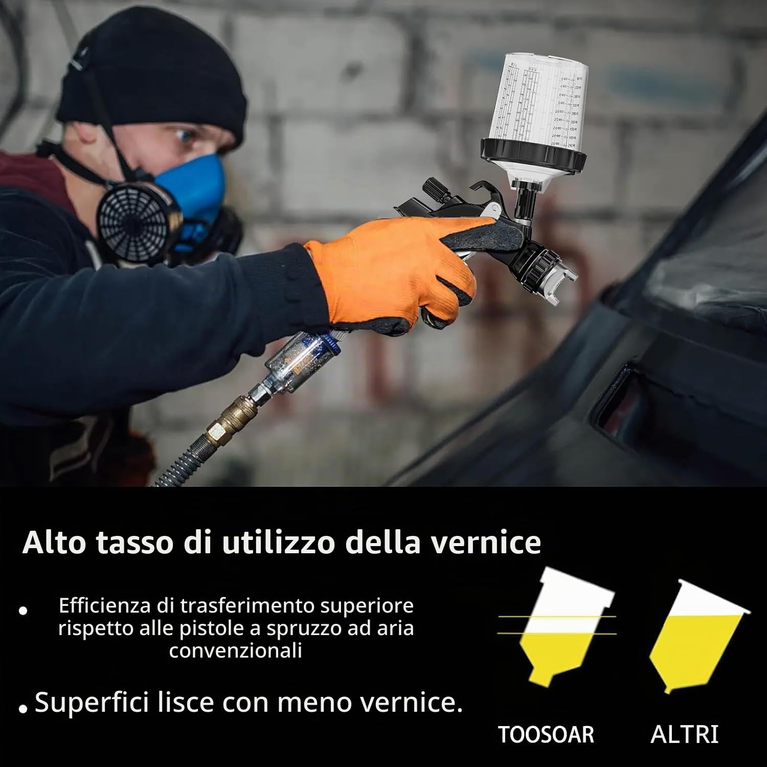 Pistola per Verniciare Pneumatica con 10 Tazze Colorate - Pistola a Spruzzo per Verniciare per Carrozzeria Auto, Kit Completo con 4 Ugelli (1.4/1.7/2.0/2.5mm) e Manometro (Nero)