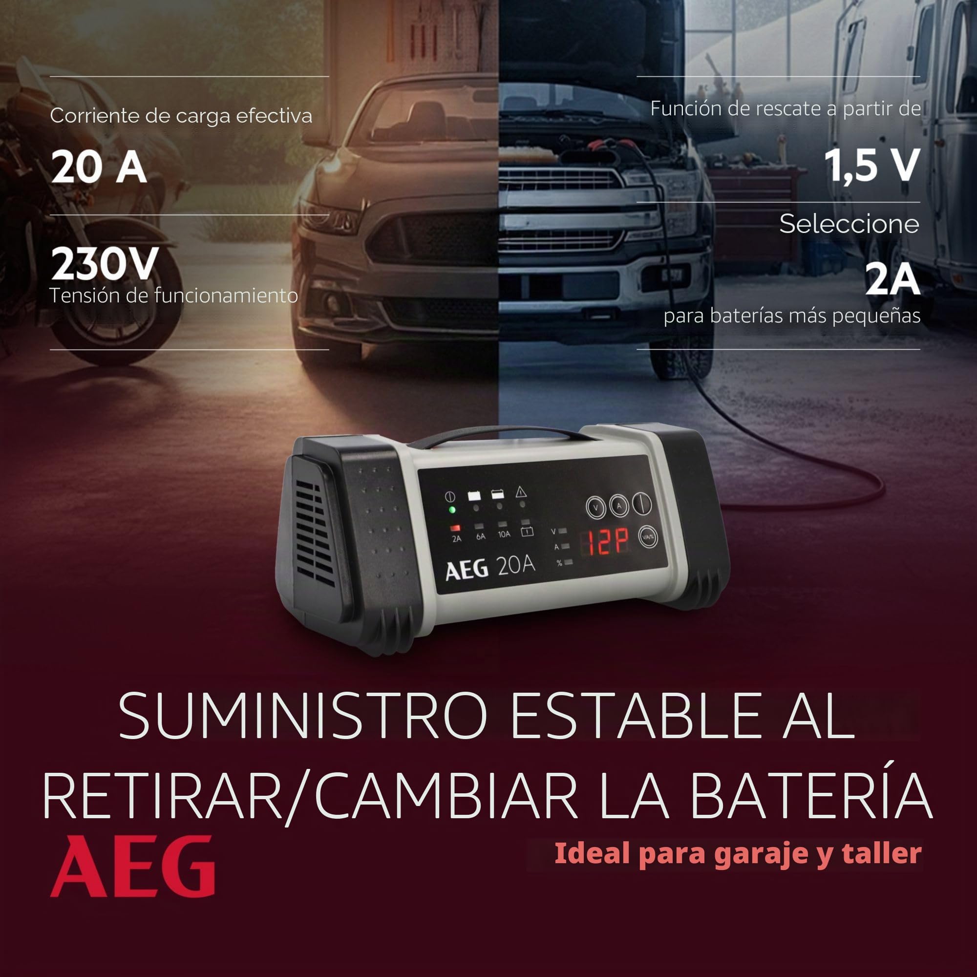 AEG 97025 - Cargador de batería para microprocesador LT, para 12/24 V, 9 Niveles, Power Supply, compensación automática de Temperatura, Blanco / Rojo, 20 Ampere