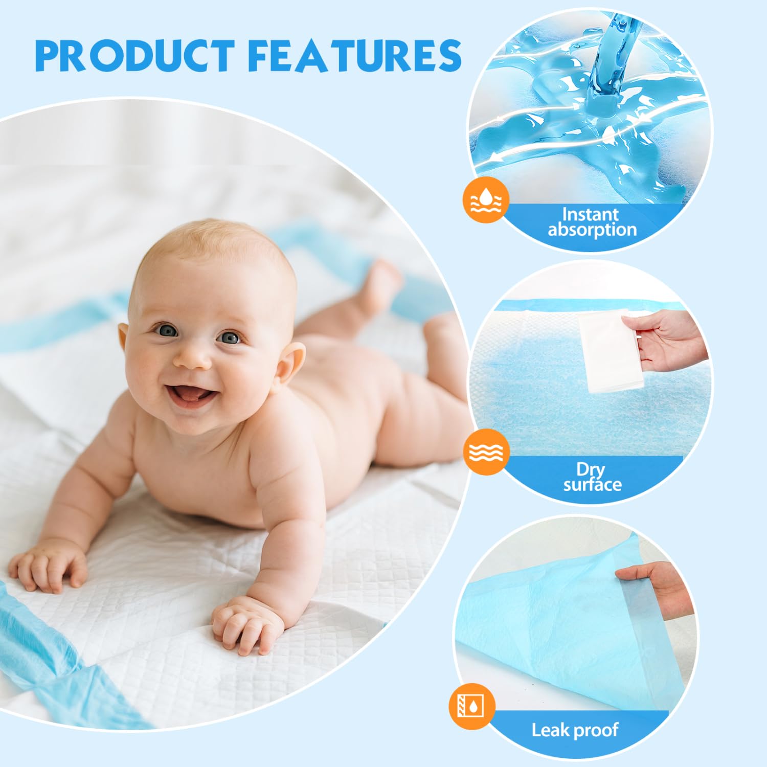 Nobleza Wickelunterlage Einweg Baby Wickelauflage 100 Stück Inkontinenzunterlagen Unterwegs 90x90cm Weich im Griff, Saugstark und Auslaufsicher für Wickeltische und Babybetten