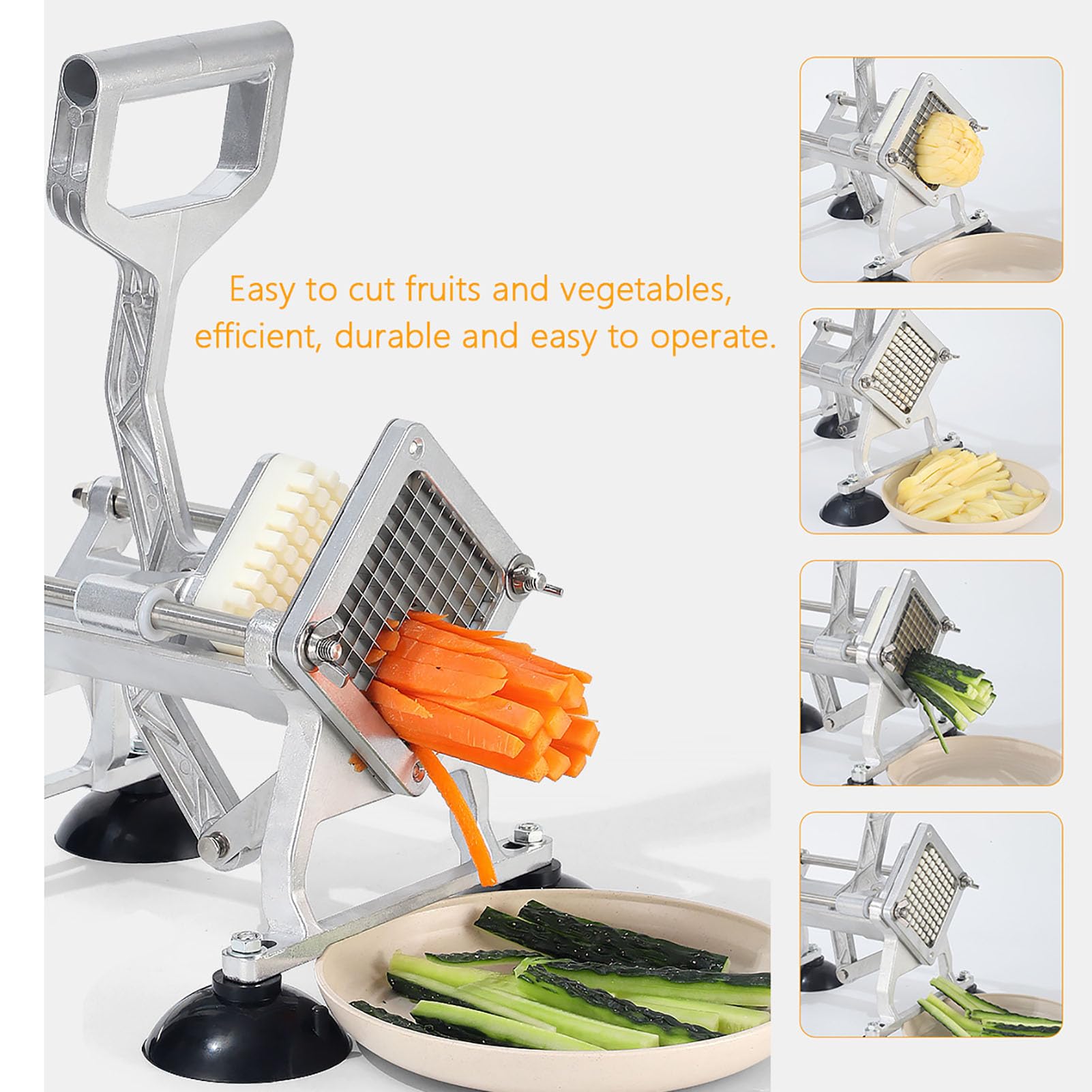 Cortador de Patatas Fritas Manual, Cortadora Profesional de Verduras con 4 Cuchillas Intercambiables de Acero Inoxidable, Base con Ventosas Antideslizantes, para Cocina Doméstica
