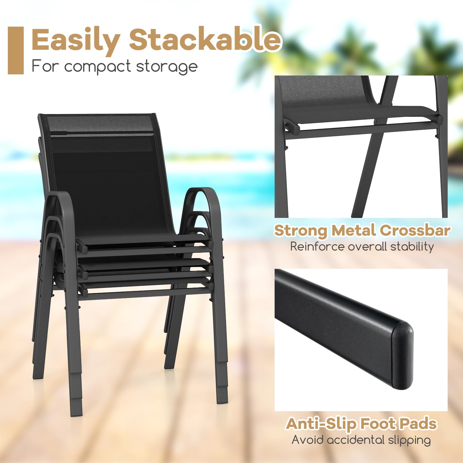 KOMFOTTEU Set van 2 klapstoelen voor de tuin, set van 2 stoelen met voetsteunen en armleuningen, hoge stoel met metalen frame voor balkon, terras, patio, belasting 150 kg, 56 x 76 x