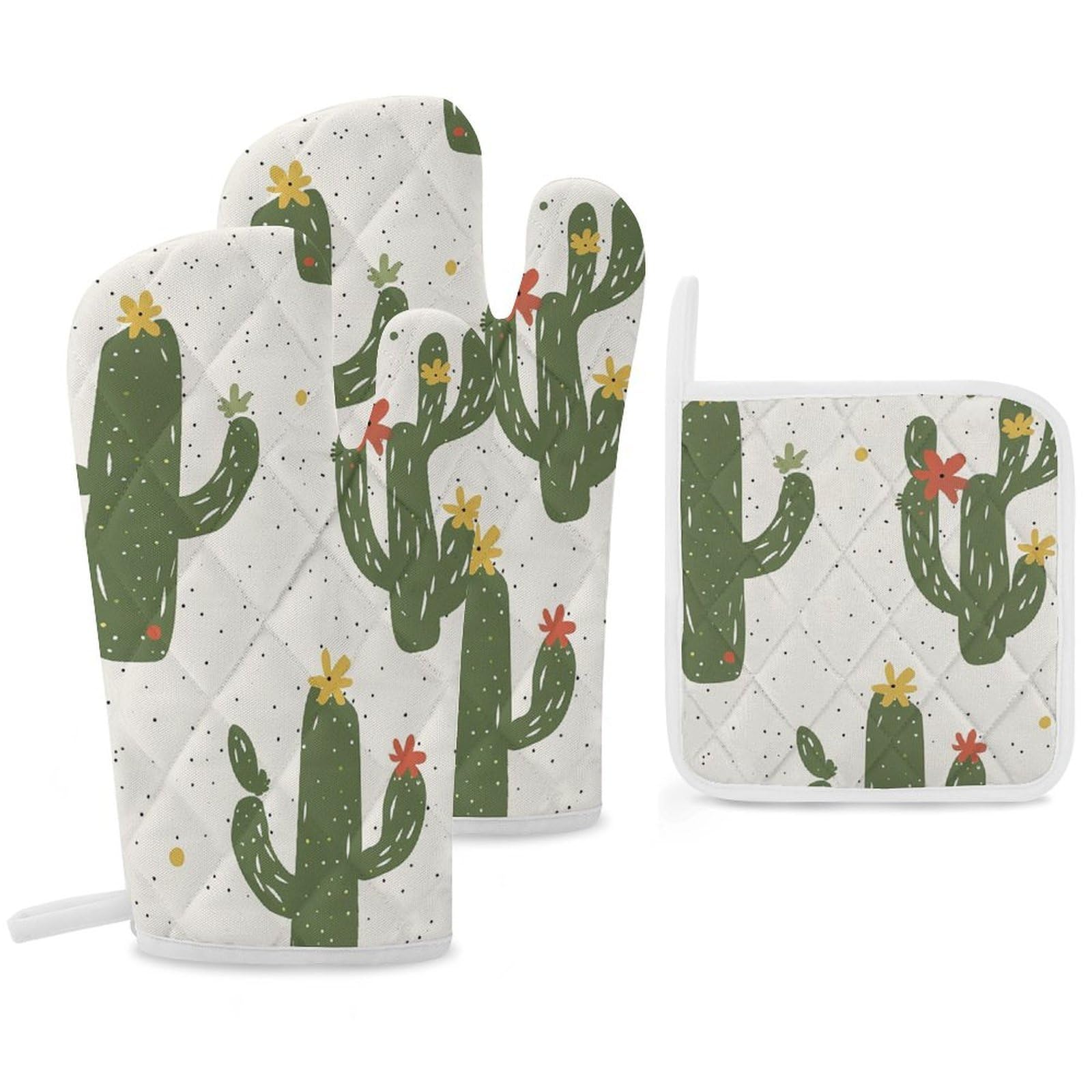 Oven Mitts And Pot Holders Sets of 3 Heat Resistant BBQ Gloves Green Cactus Pattern Oven Mitts Gloves Non-Slip Kitchen Mittens Potholders for Cooking Baking Grilling BBQ Microwave