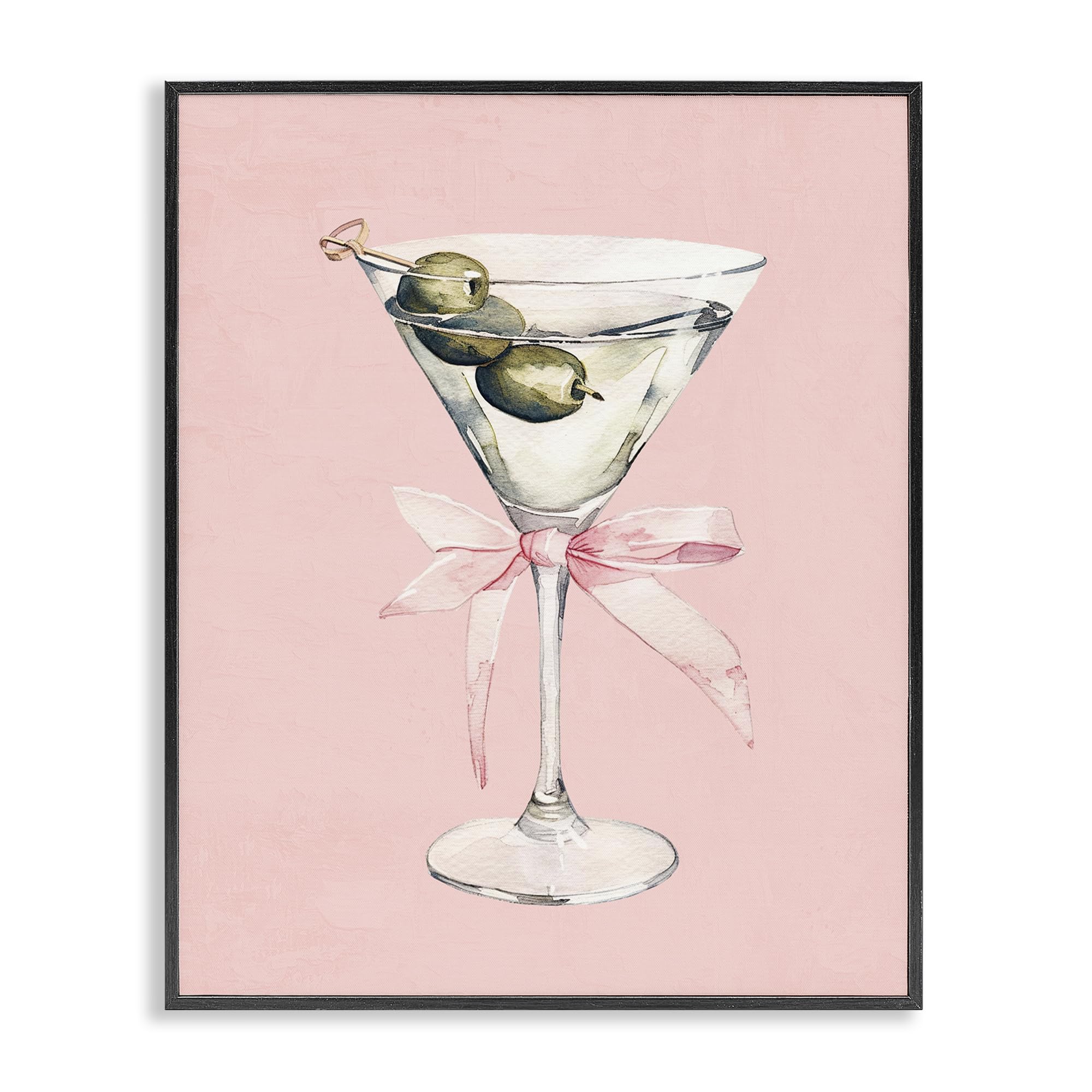 Stupell Industries Midnight Black (Textured) 'Martini With Pink Bow'| Framed Giclee Art