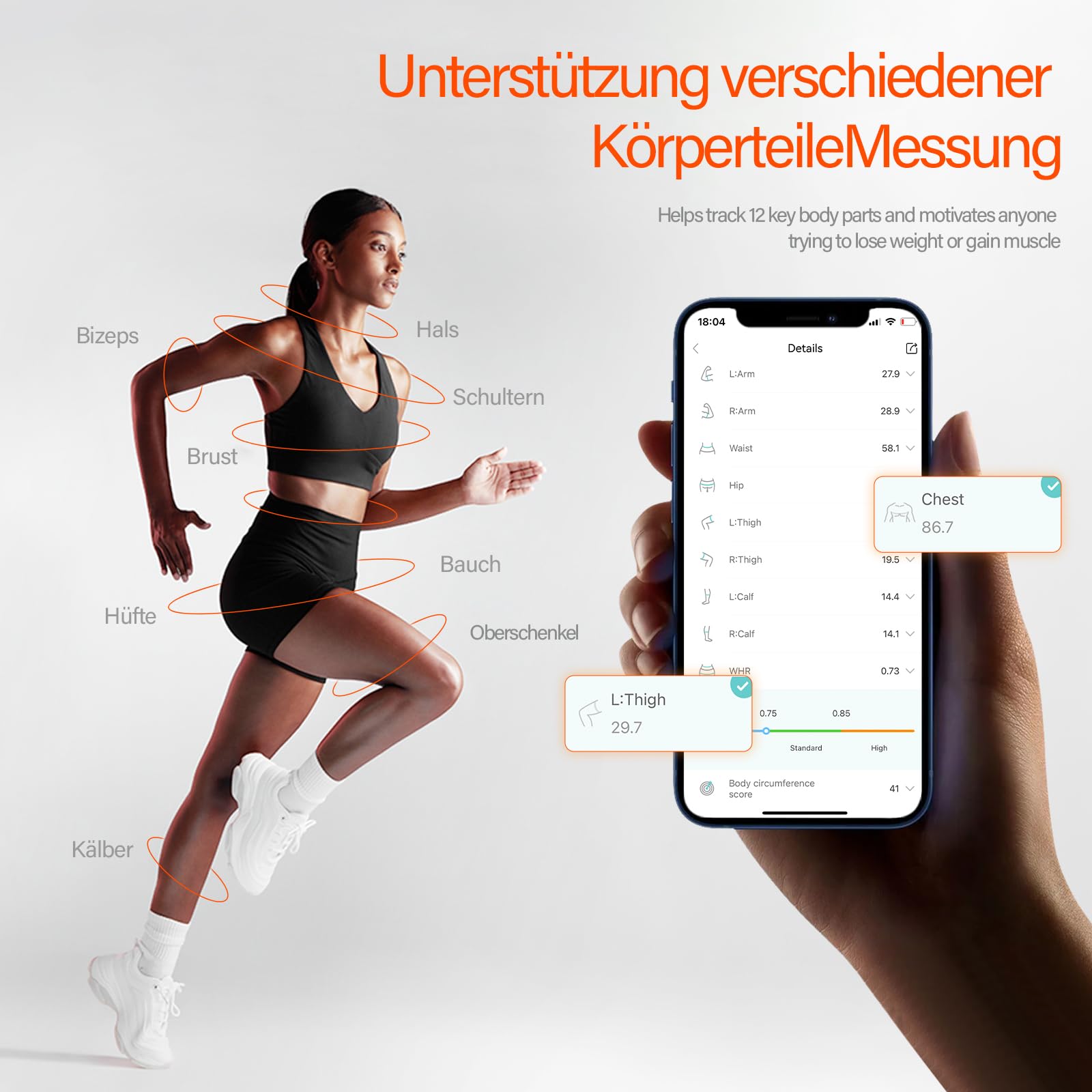 Fitdays Smartes Körpermaßband mit Bluetooth & LED-Bildschirm | Körperfett-BMI-Messung + App-Tracking für Fitness/Abnehmen | Automatisch Einziehbar & Tragbar (Schwarz)