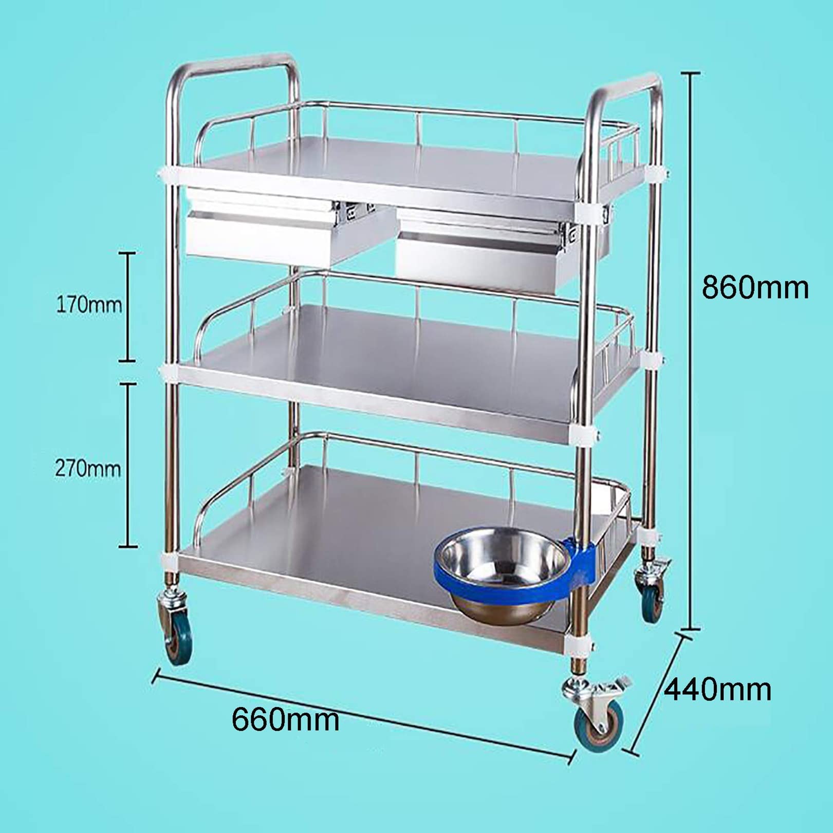 Chariot en Acier Inoxydable, Chariot De Chirurgie Médicale Dentaire, Chariot De Matériel De Beauté, Chariot De Soins Infirmiers Et De Pansement,Equipement Médical Chariot avec 2 Tiroirs