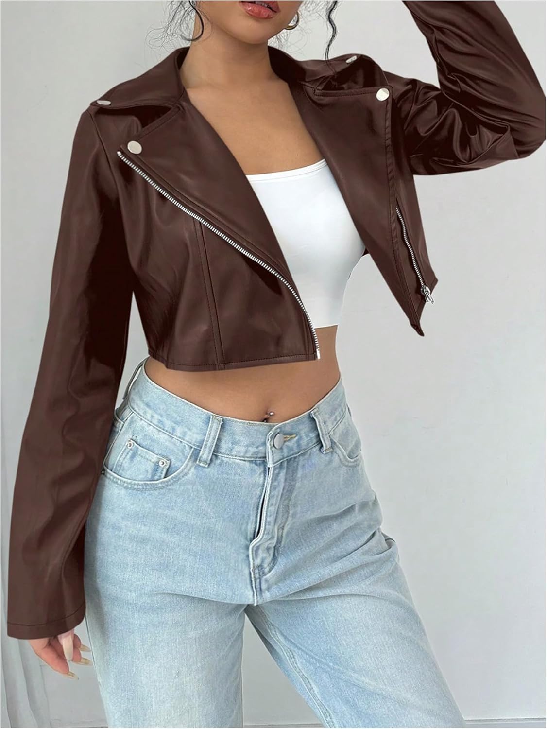 OYOANGLE Women's PU Leather Cropped Jacket Zip Up Motorcycle Jackets Coat - Image 5