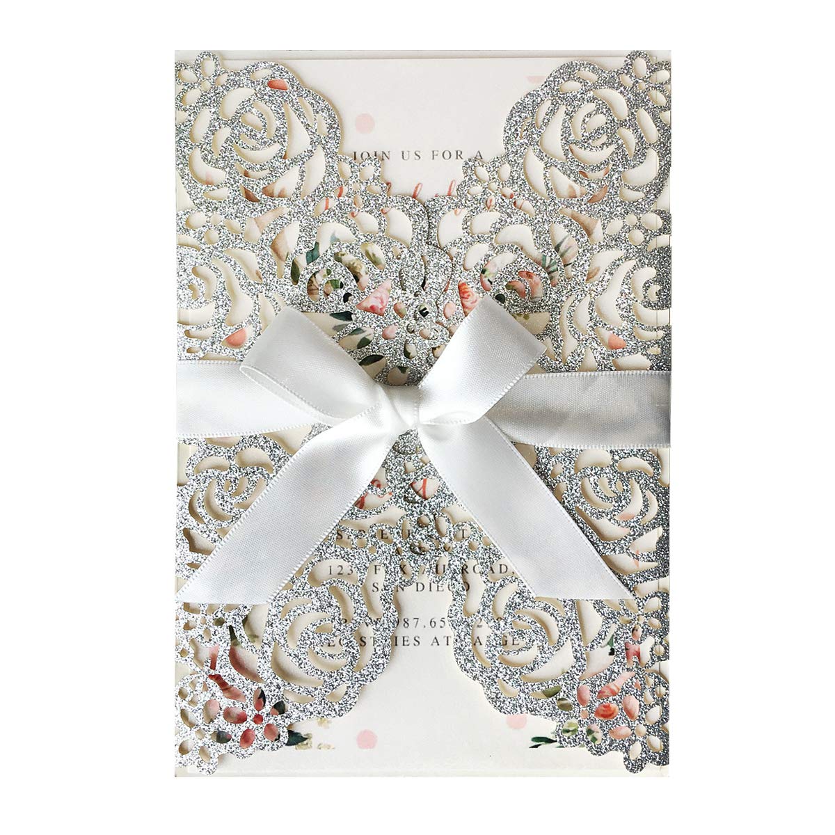 20 Pezzi Invito a nozze tagliati al laser Argento con busta bowknot per matrimonio partecipazioni di nozze, 20 pezzi (Glitter Argento)