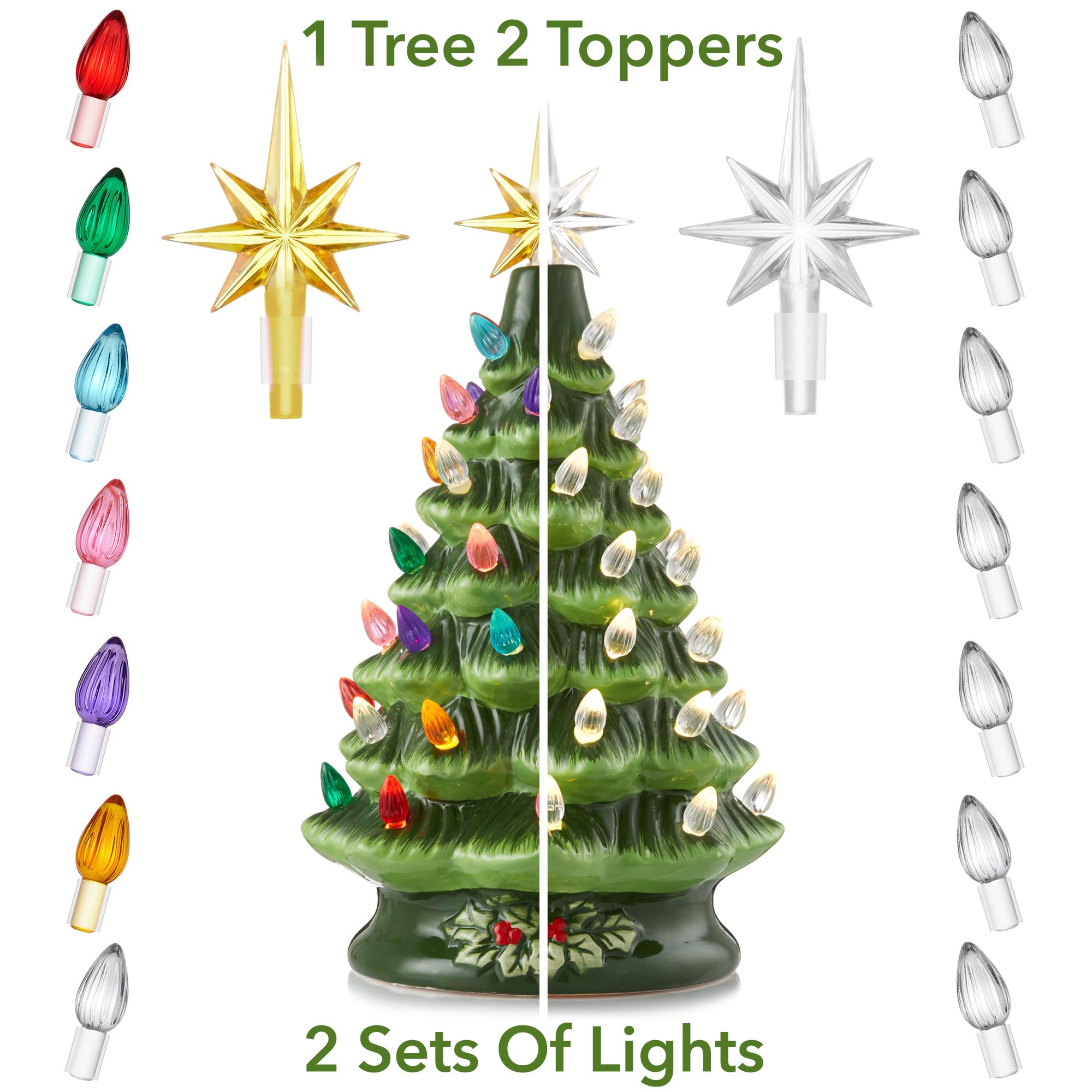 Casafield Handbemalter Keramik-Weihnachtsbaum, grün, 30,5 cm, beleuchteter Baum mit 100 mehrfarbigen Lichtern und 2 Sternaufsätzen