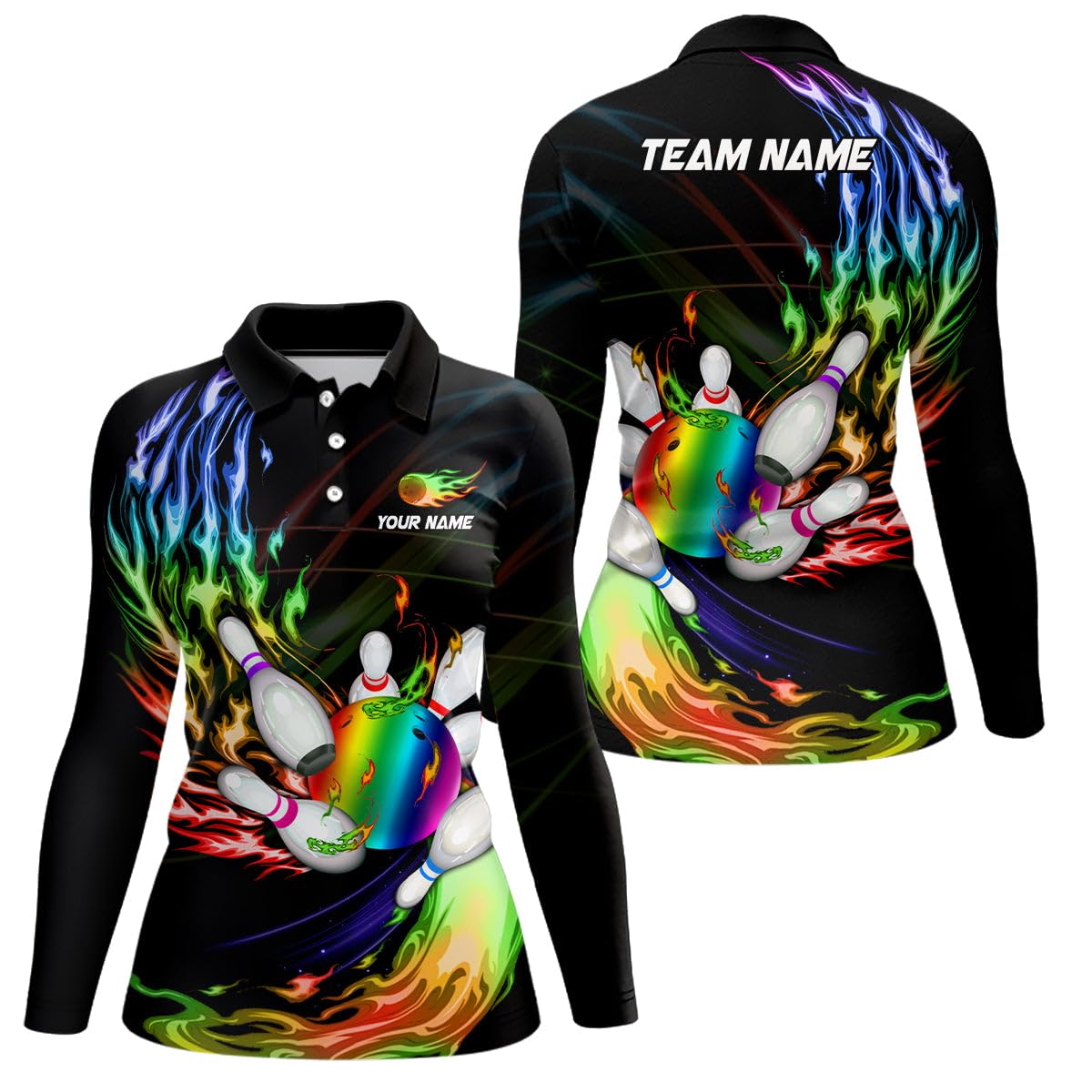 Herren & Damen Polo & Quater Zip Bowling Shirt mit Regenbogenflamme, Bowlingkugel und Pins, Custom Team-Liga-Trikot N6807