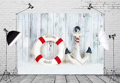 Miniatura 3 de BELECO Telón de fondo náutico decorativo de tela de 7 x 5 pies, ancla de madera blanca, fondo de madera para marinero, cumpleaños, fotografía, telón