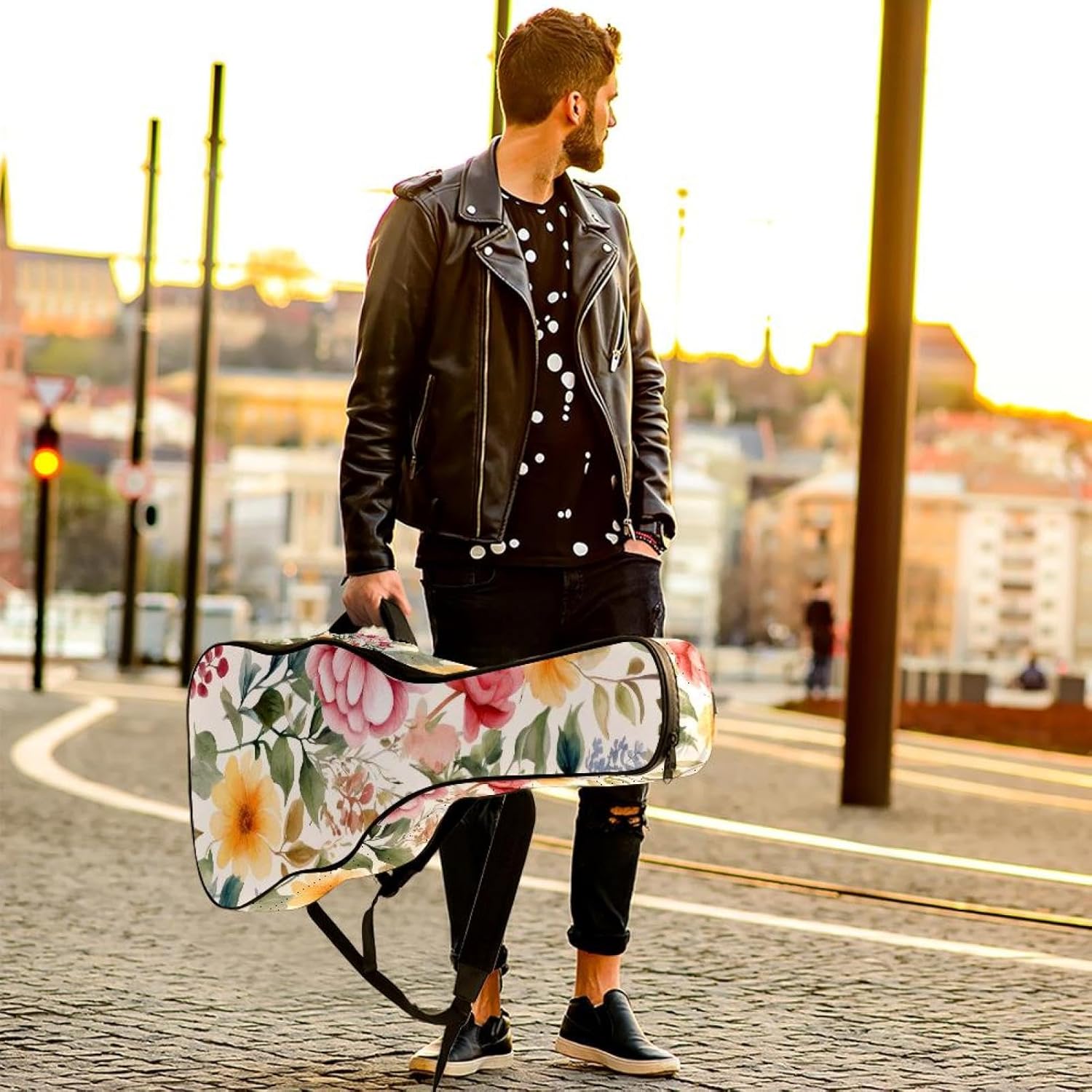 Acoustic Guitar Gig Bag 10mm Thick Padding, Soft Waterproof Guitar Case with Adjustable Backpack Straps for 40-42 Inch Guitar, Watercolor Floral Flowers in Vintage Rustic Style