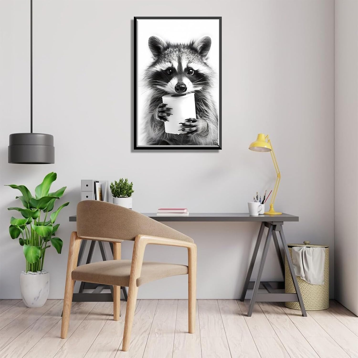Vintage Fun Wall Art Black and White Raccoon with Toilet Paper Poster Framed Bathroom Wall Art Fun Bathroom Wall Mural Decor Home Bathroom Decor