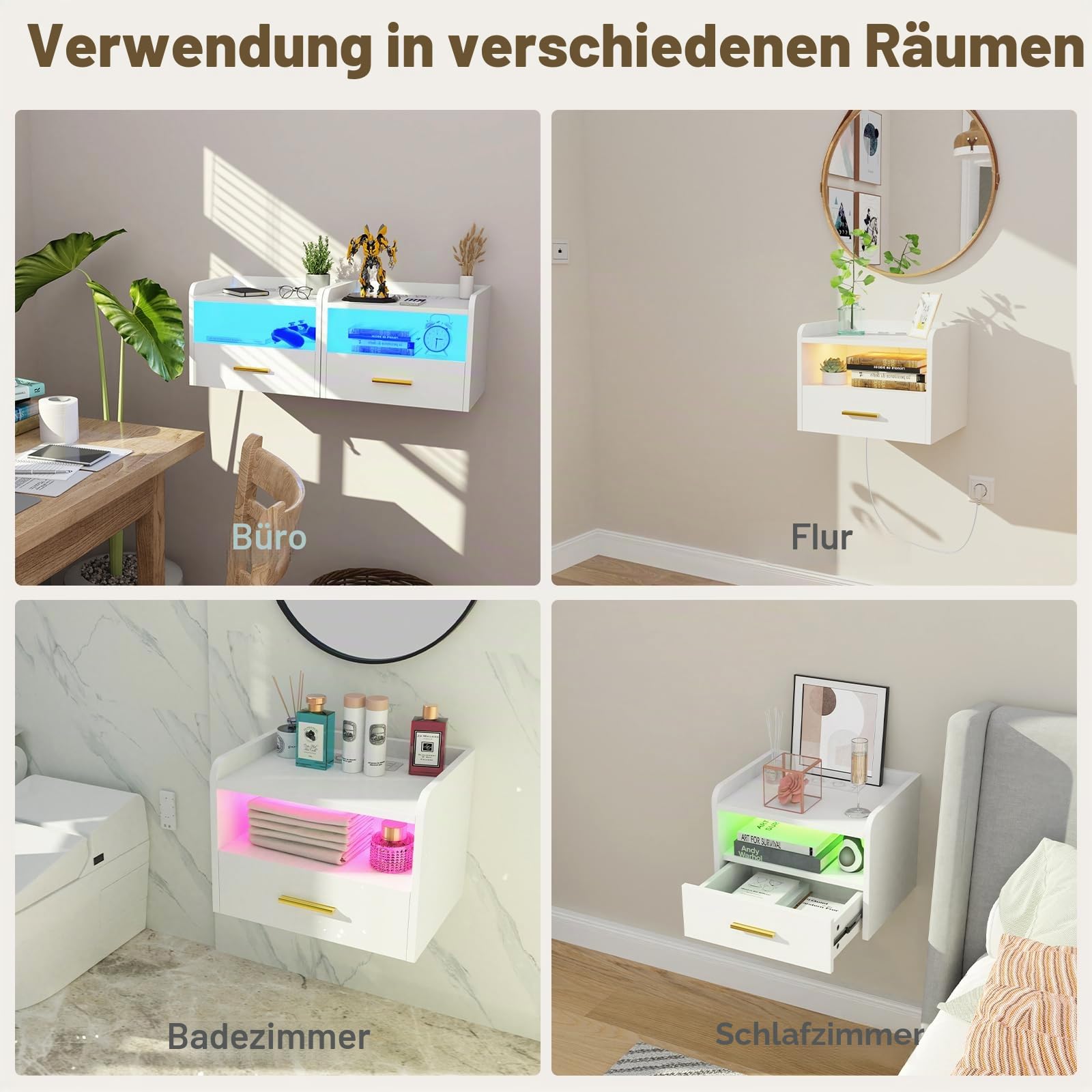 Nachttisch wandmontage, Nachtschrank Hängend, Offenes Fach Und Einer Schublade, 2 USB Anschlüsse, 2 Steckdosen, 16 Farben LED Nachttisch mit Ladestation 40x30x30cm
