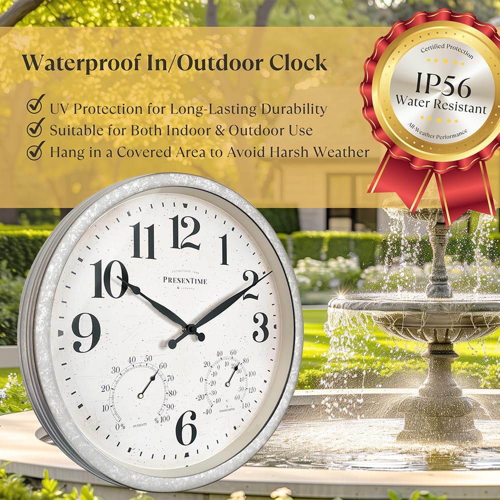 Presentime & Co. 26" Clifton In/Outdoor Farmhouse Clock With Thermometer & Hygrometer As All In One Weather Station, Farmhouse Wall Art And Timepiece For Home Decoration, Grey Oak Finish