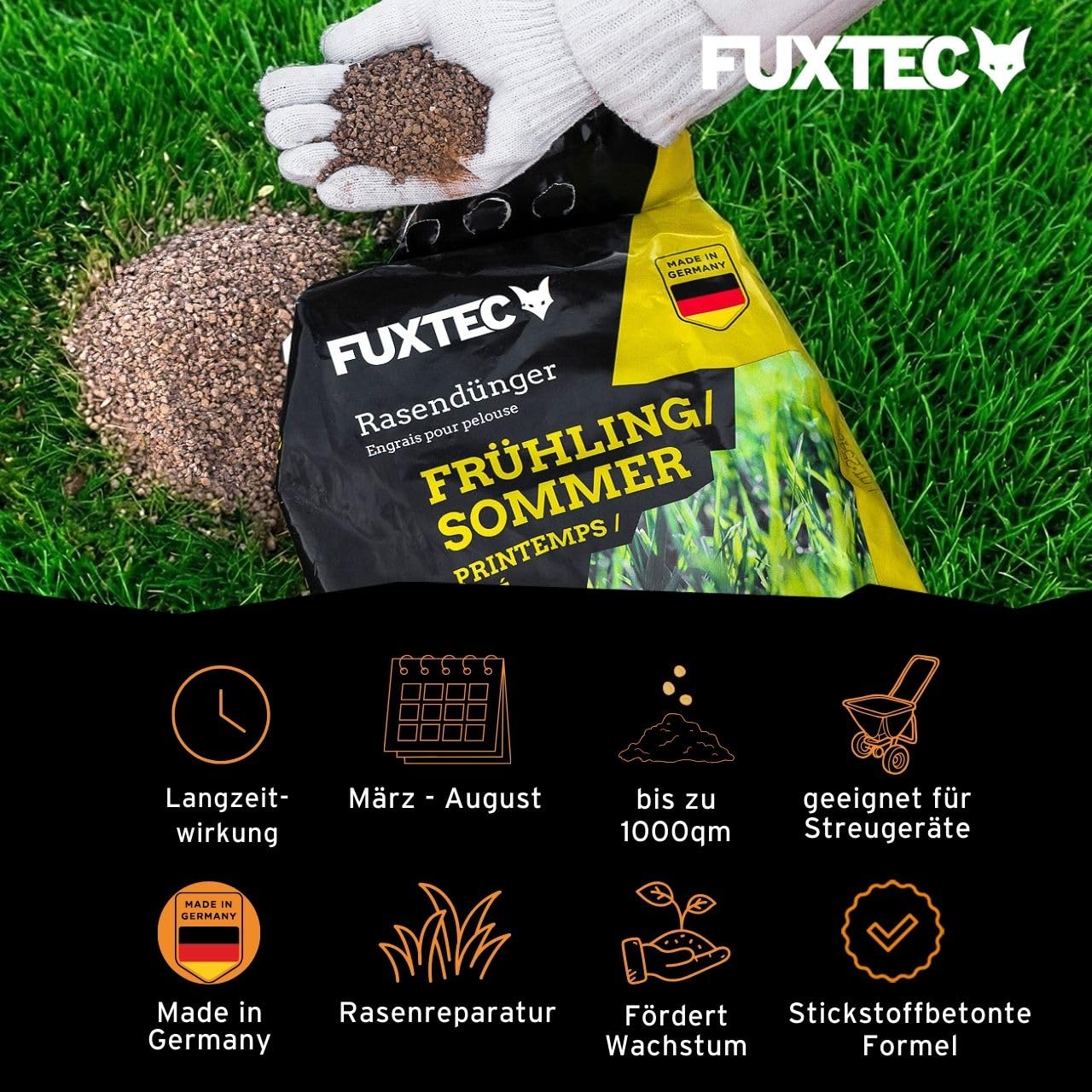FUXTEC Rasendünger Frühling/Sommer FX-RDFS20, stickstoffbetonter Rasendünger für gleichmäßiges Wachstum, 20 kg Granulat für ca. 1000 m², langanhaltende Nährstoffversorgung