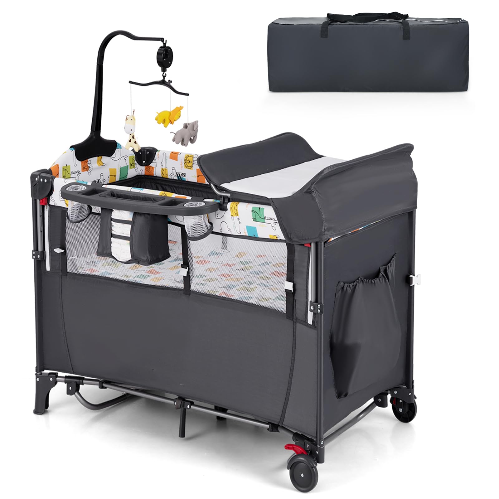 LIFEZEAL Babybett mit Matratze, Klappbares Babybett mit Wickeltisch und Spielzeug, Reisebett aus Oxford-Gewebe, 2-stufig, höhenverstellbar, 10/15/10 kg belastbar (Grau)