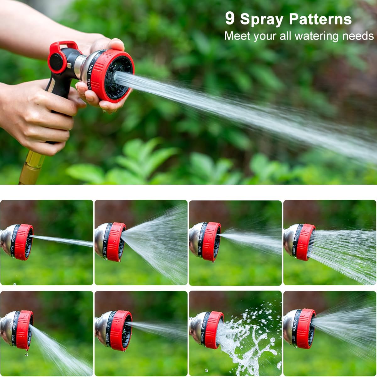FANHAO Heavy Duty Garden Hose Nozzle with Thumb Control, 100% Metal Water Hose Sprayer with 9 Spray Patterns, On Off Valve, High Pressure Water Nozzle for Lawn/Garden Watering, Car & Pets Washing