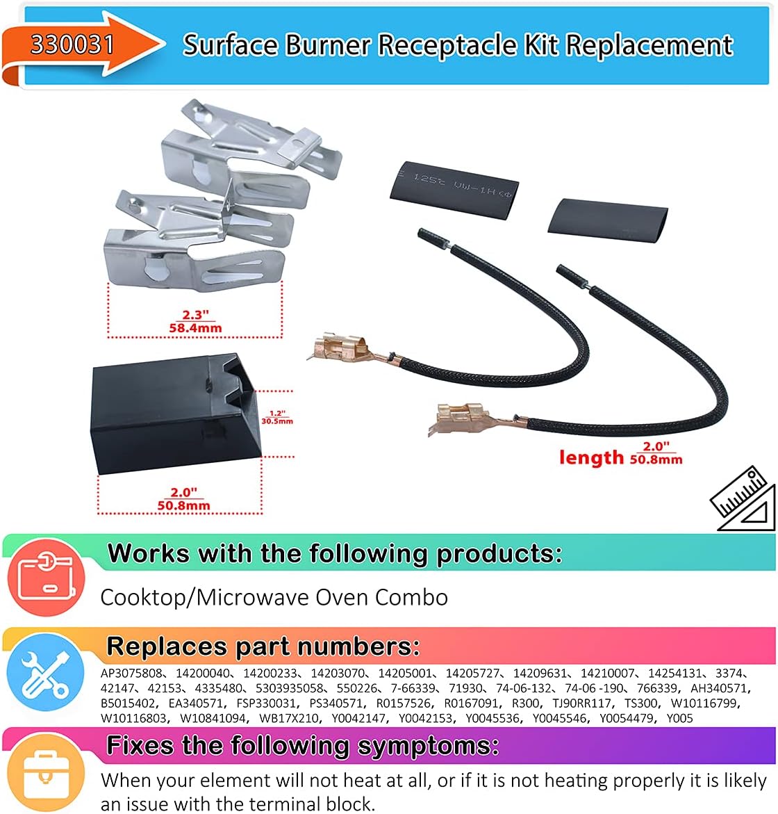 MP22YA Electric Range Burner Coil Element Unit Set (2 pcs MP15YA 6" and 2 pcs MP21YA 8") with 4 Pack 330031 Surface Element Receptacle Kit Replacement Compatible for Whirlpool Ranges/Stoves