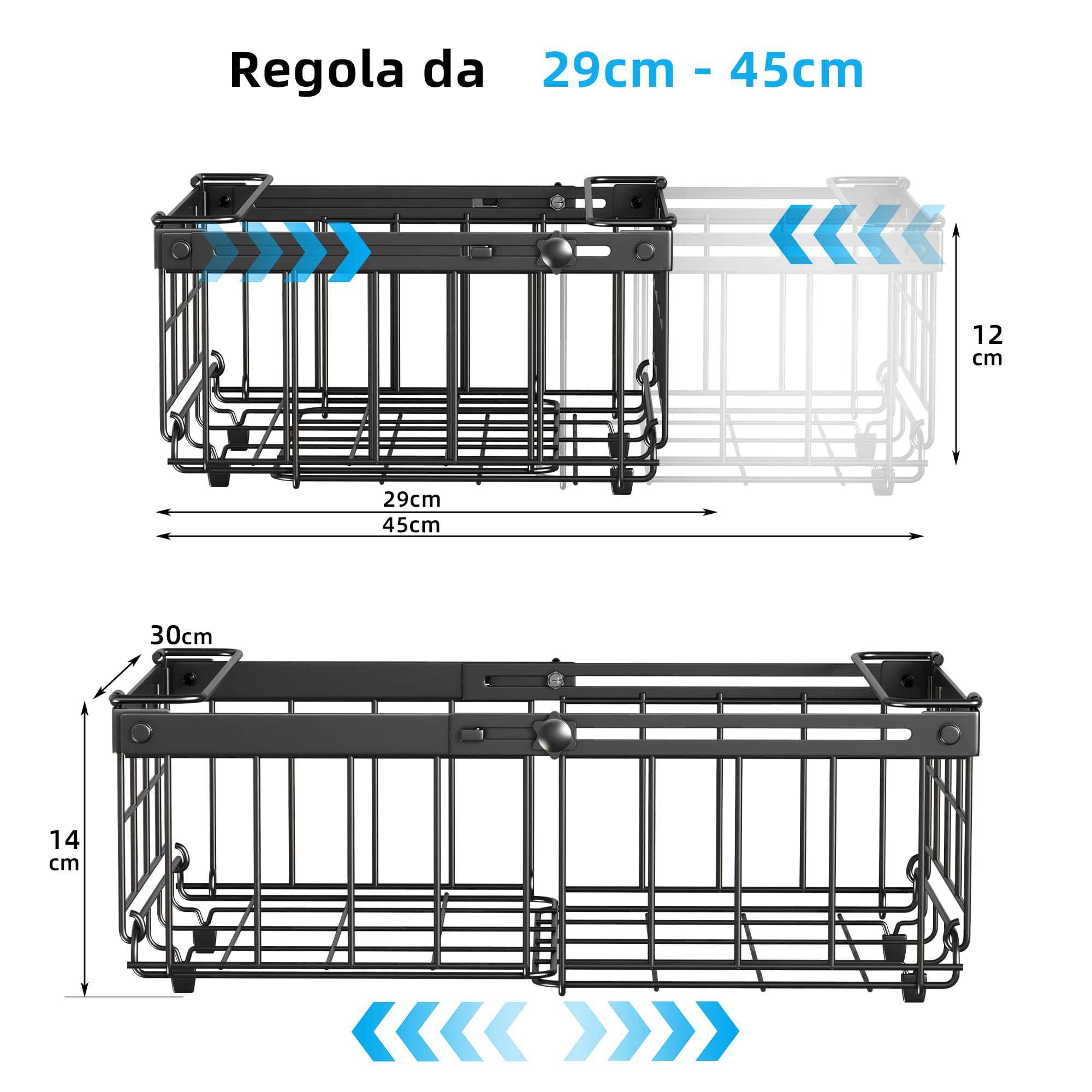 2 Pezzi organizer per congelatore,organizzare freezer pozzetto,cesto per congelatore,cesti metallo,Impilabile，Lunghezza regolabile 29-46CM，Nero