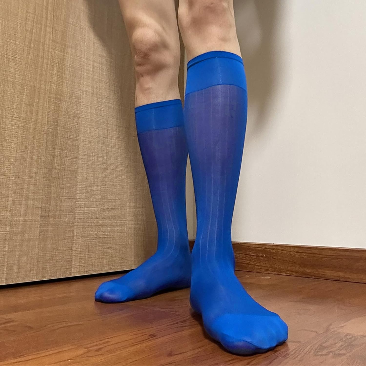 Nylon Sheer Dress Socks Silk Over the Calf Wide Stripe Stockings Mens Business Socks