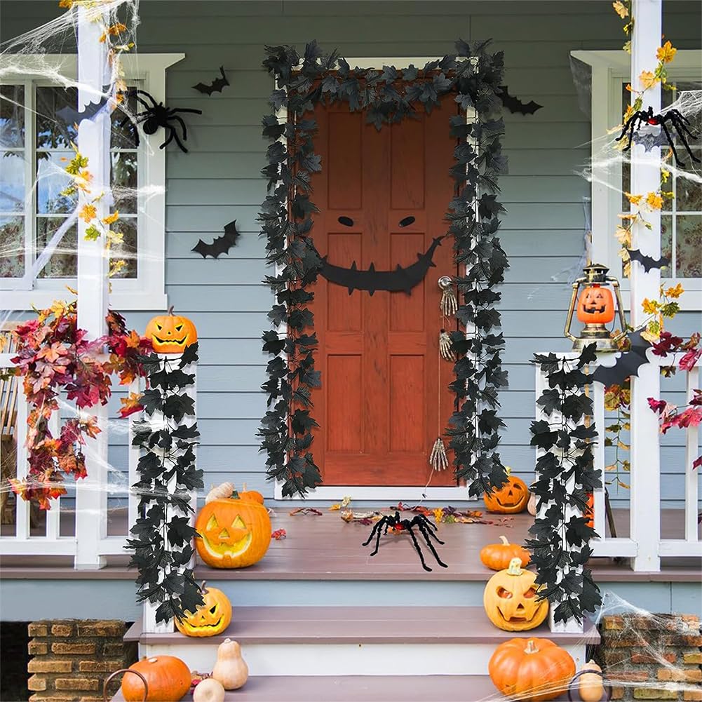Guirlande Feuilles D’érable Halloween – 2 X 175 Cm – Tissu Soie Noir/rouge – Avec 4 Crochets – Décoration Automne, Thanksgiving - 4