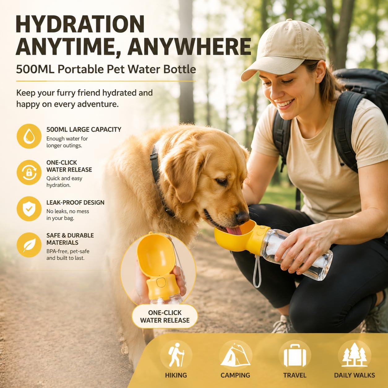 Bebedero para mascotas al aire libre de 500 ml, diseño a prueba de fugas, color amarillo para mascotas, bebedero para exterior, 500 ml de capacidad, bebedero para mascotas, color amarillo
