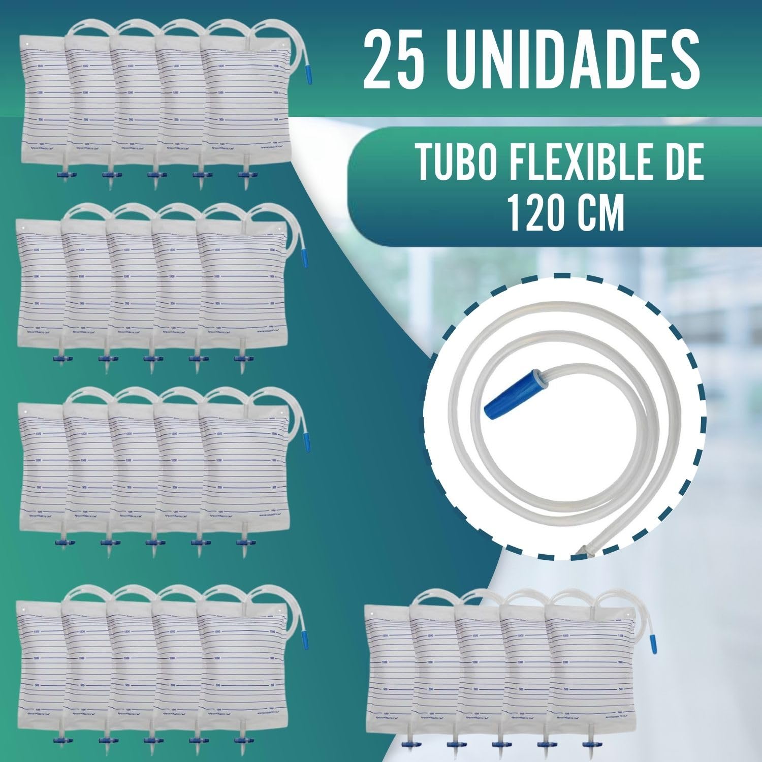 OrtoPrime Bolsas de Orina 2 Litros PACK 25 UNIDADES Bolsa Orinal Adulto VÁLVULA T ANTIRREFLUJO Bolsa de Urinario HOMBRE Y MUJER Bolsa de Drenaje Orina - Bolsas Sonda con GRIFO Bolsa Orina TUBO 120cm