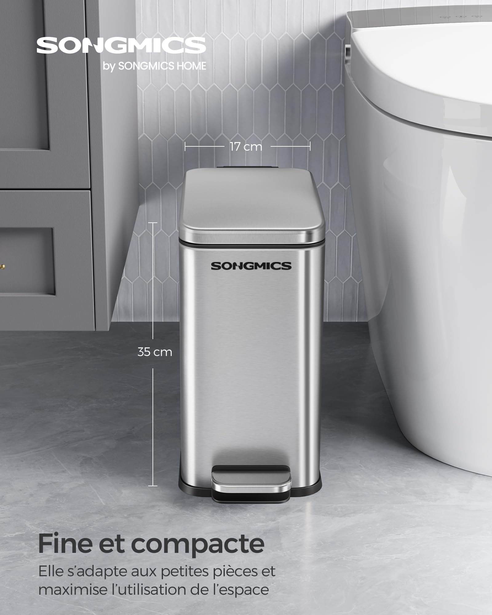 Poubelle Salle De Bain 10L à Pédale - Blanc, Acier, Fermeture Douce, Seau Amovible