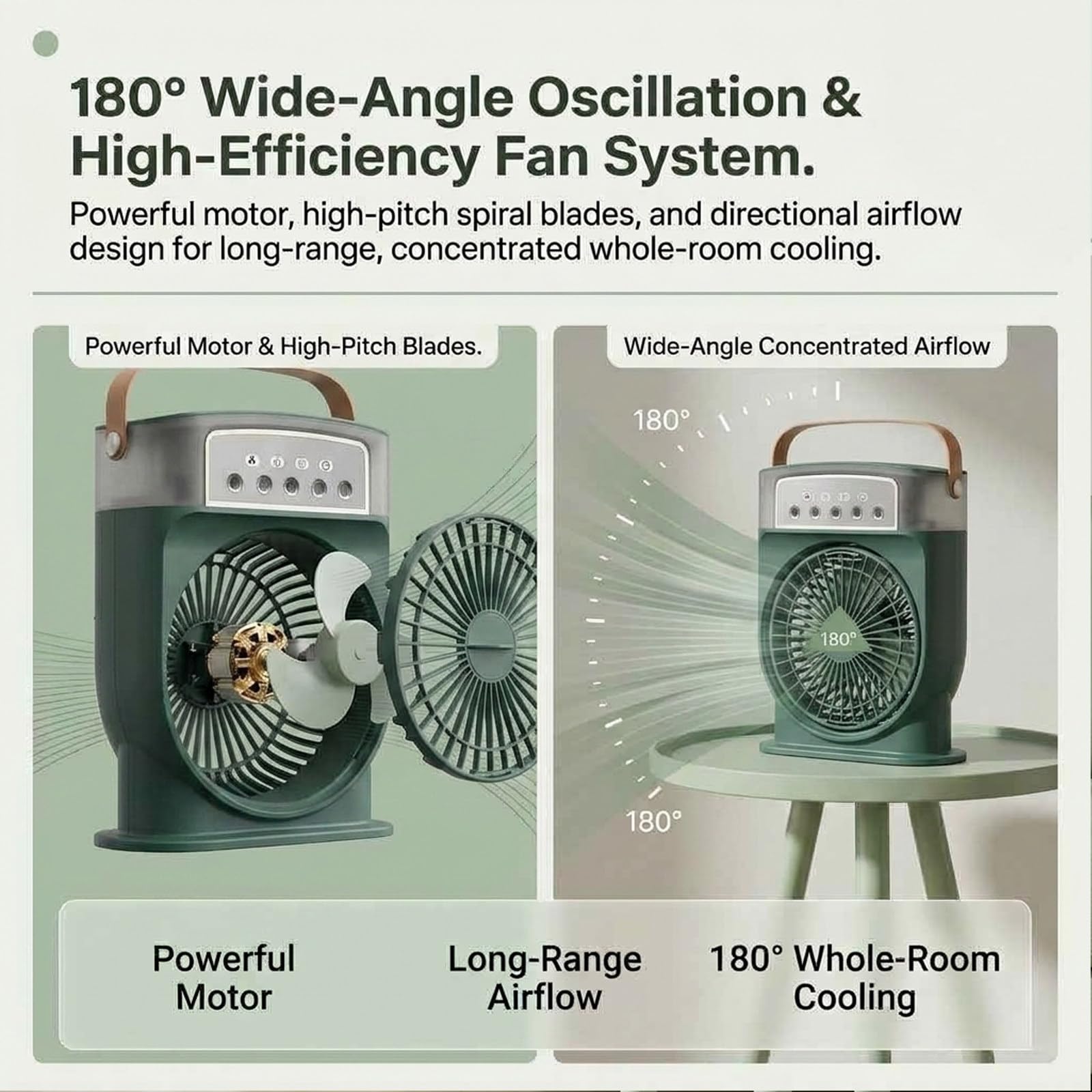 Ventilateur Brumisateur Portable Rechargeable Green | Réservoir D’Eau 600mL, Refroidissement À 3 Vitesses, Design Alimenté Par Batterie, Pour Camping Extérieur Maison Bureau