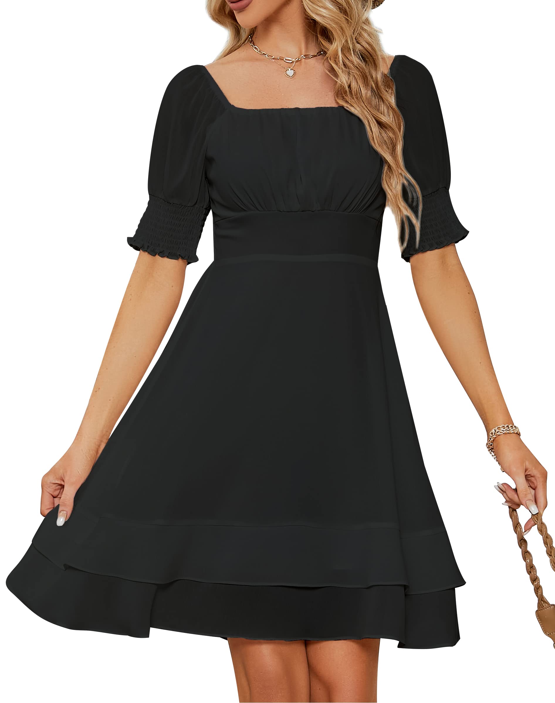 BOKALY Women’s Square Neck Chiffon Dress Pleated Chest Short Sleeve Fit and Flare Ruffles Mini Casual Dresses