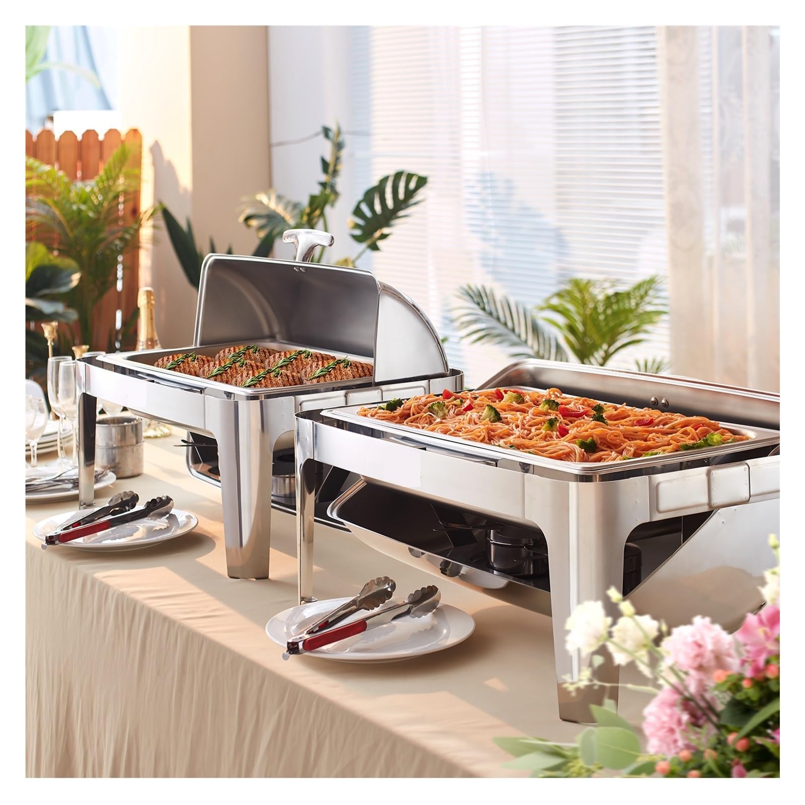 Plato De Frotamiento con Tapa Enrollable, Juego Buffet, Escalfador Acero Inoxidable 8 Cuartos Sartén Tamaño Completo, Calentador Catering Rectangular, Servidor Calor Duradero