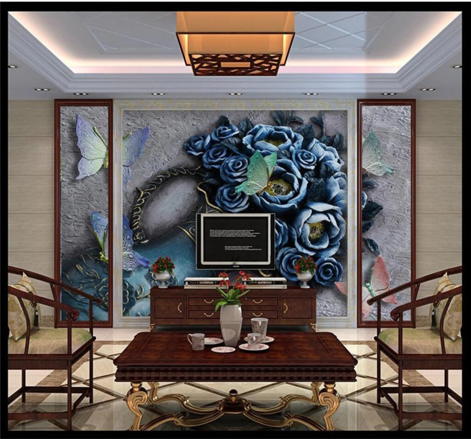 Wallpaper-3D-Xlm 400Cm×280Cm(B×H) Vintage Relief Roses Butterflies Art 3D Wallpaper Easy Install Feature Office Living Room Sofa Bedroom Tv Background Wall Decoration-400Cm×280Cm
