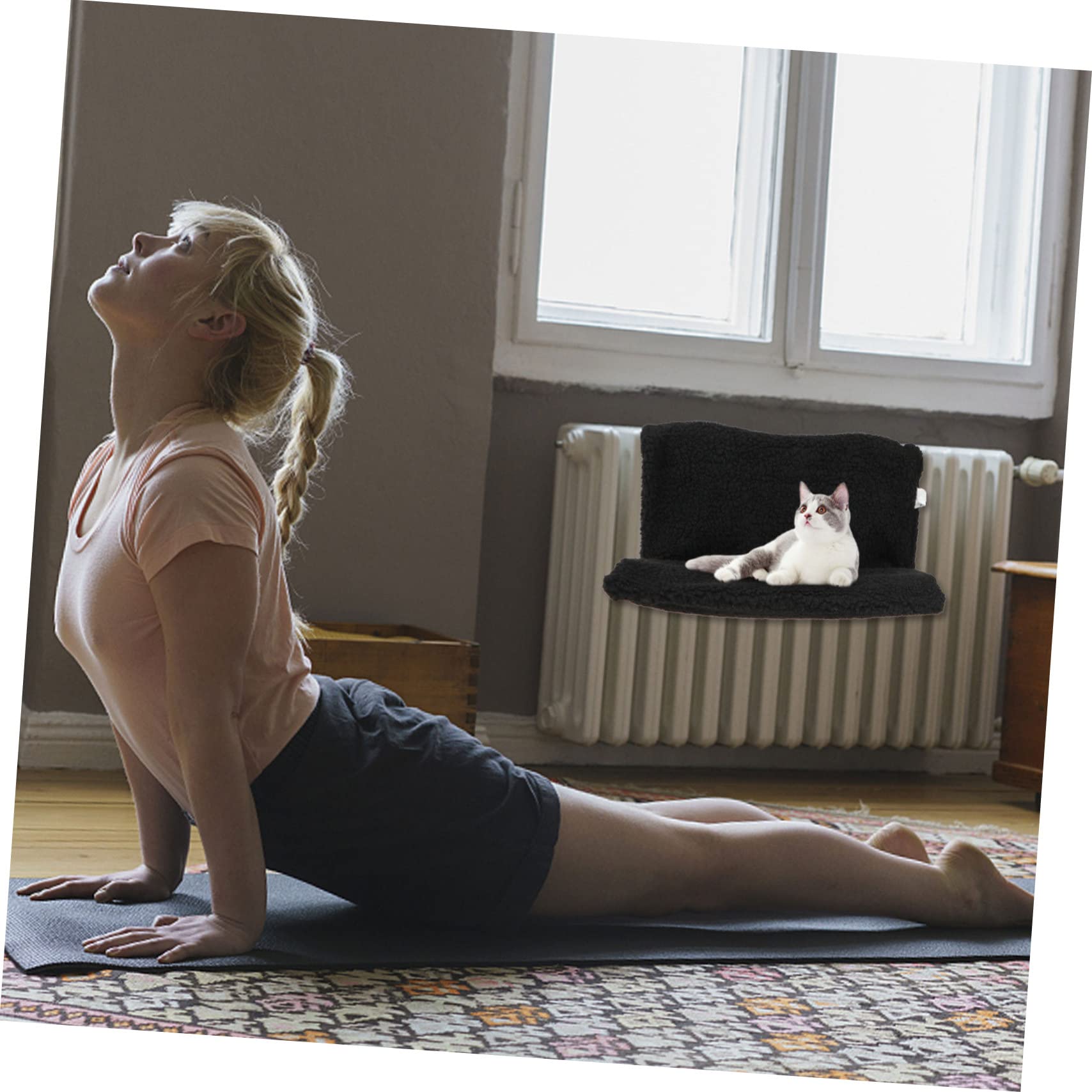 BESPORTBLE Hamac pour Chat à Suspendre Radiateur Coussin en Polaire Noir, Lit à Cadre Métallique Chaud pour l'hiver, Confortable pour Chats, Chatons et Petits Chiens en Intérieur