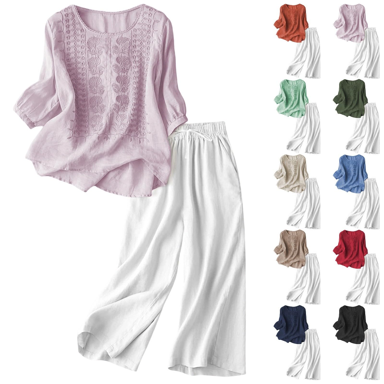 Ensemble Femme Pantalon et Haut Fluide en Lin 2 Pieces Pantalon Large Fluide + Chemise Manches Longues Lin Printemps Été Ample Respirant Ensembles de Vêtements Décontracté Tenue Plage Loungewear