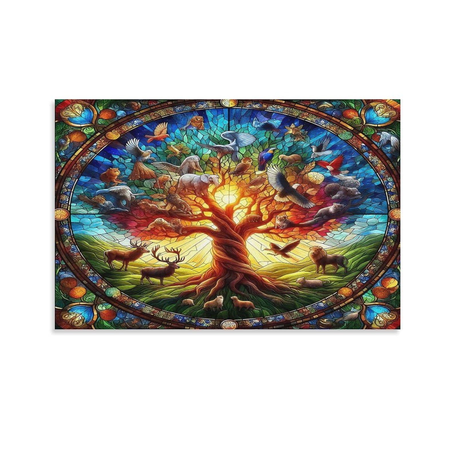 CPLVKWRQJ Tree of Life with Human Figure Single Piece Tree of Life Stained Glass Framed Wall Art - Living Room Gallery Wall Focal Point Ready to Hang Decor 24x36inch(60x90cm)