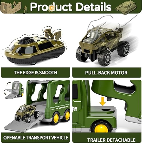 Miniatura 4 de Doloowee Camión militar verde 14 en 1, juego de tanques del ejército con hombres soldados, juguetes de hombres del ejército, juguete de camión