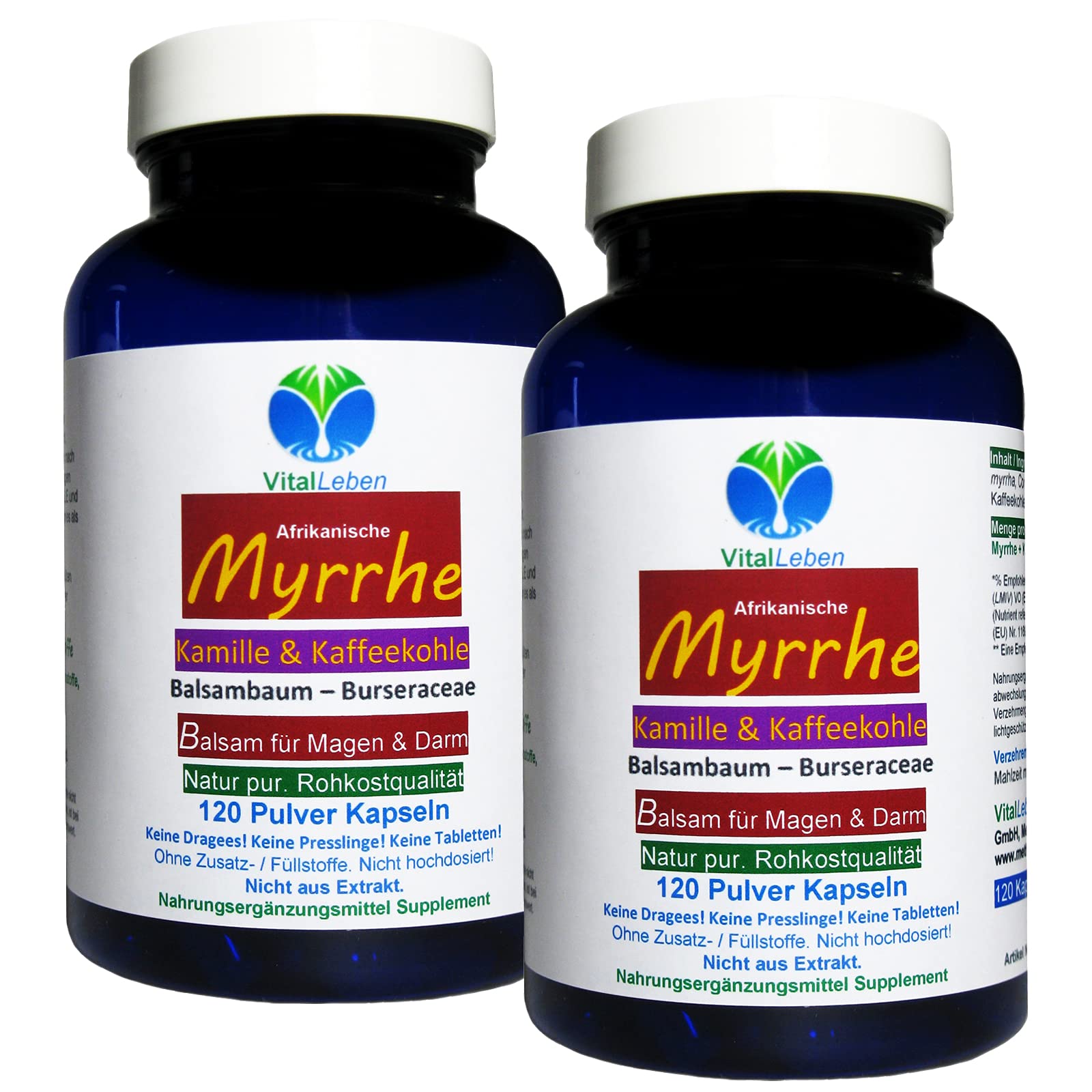 MYRRHE + KAMILLE + KAFFEEKOHLE 240 Pulver Kapseln (2x120) für den gestressten Darm nach AYURVEDA und Hildegard von Bingen - NATUR pur - OHNE ZUSATZSTOFFE [4 Monate] 27160-2
