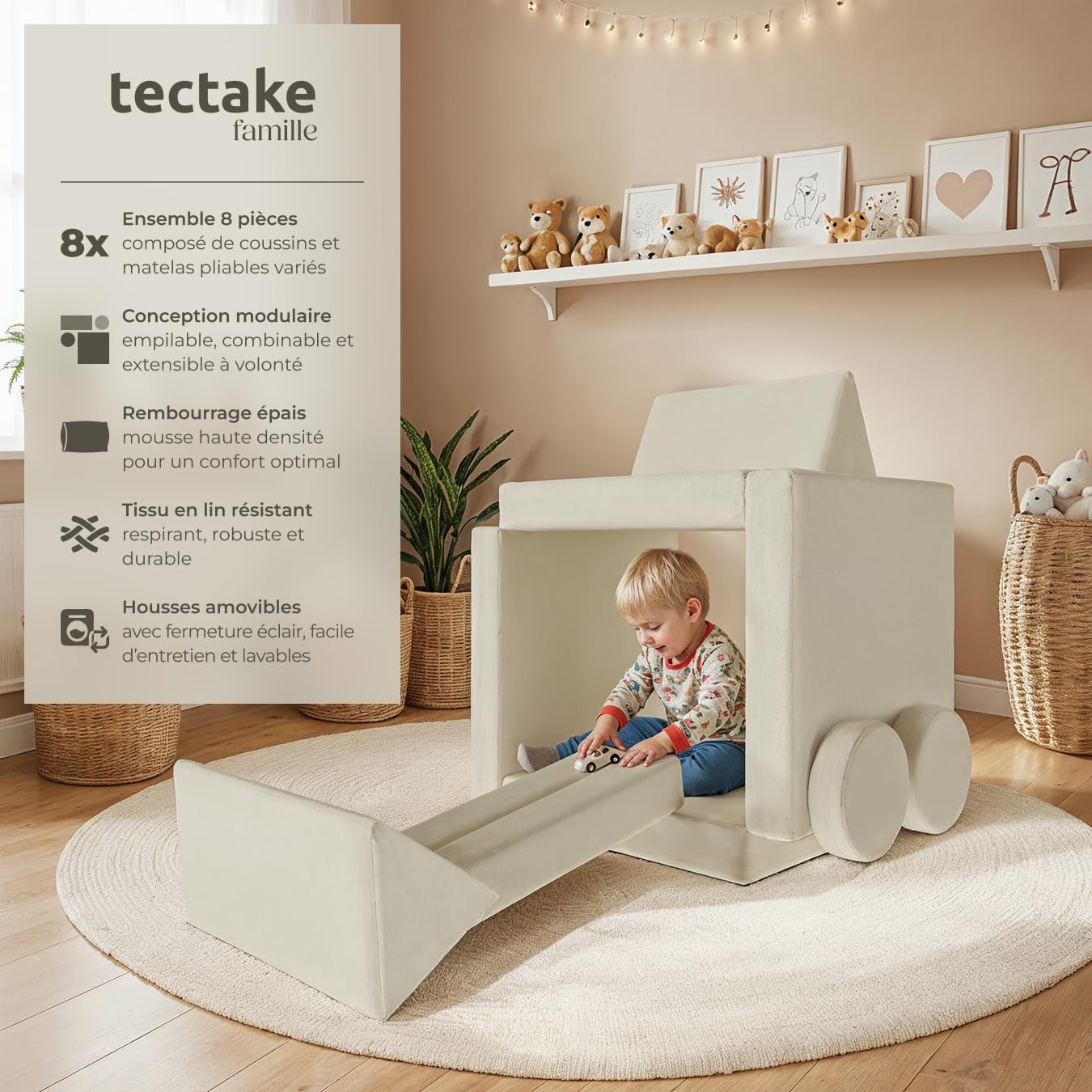 tectake® Canapé convertible 2 places modulable Canapé enfant en Mousse & Lin Fauteuil enfant Canapé lit Matelas de sol enfant Lit pliant Matelas pliable pour Chambre enfant Jeu de construction Lecture