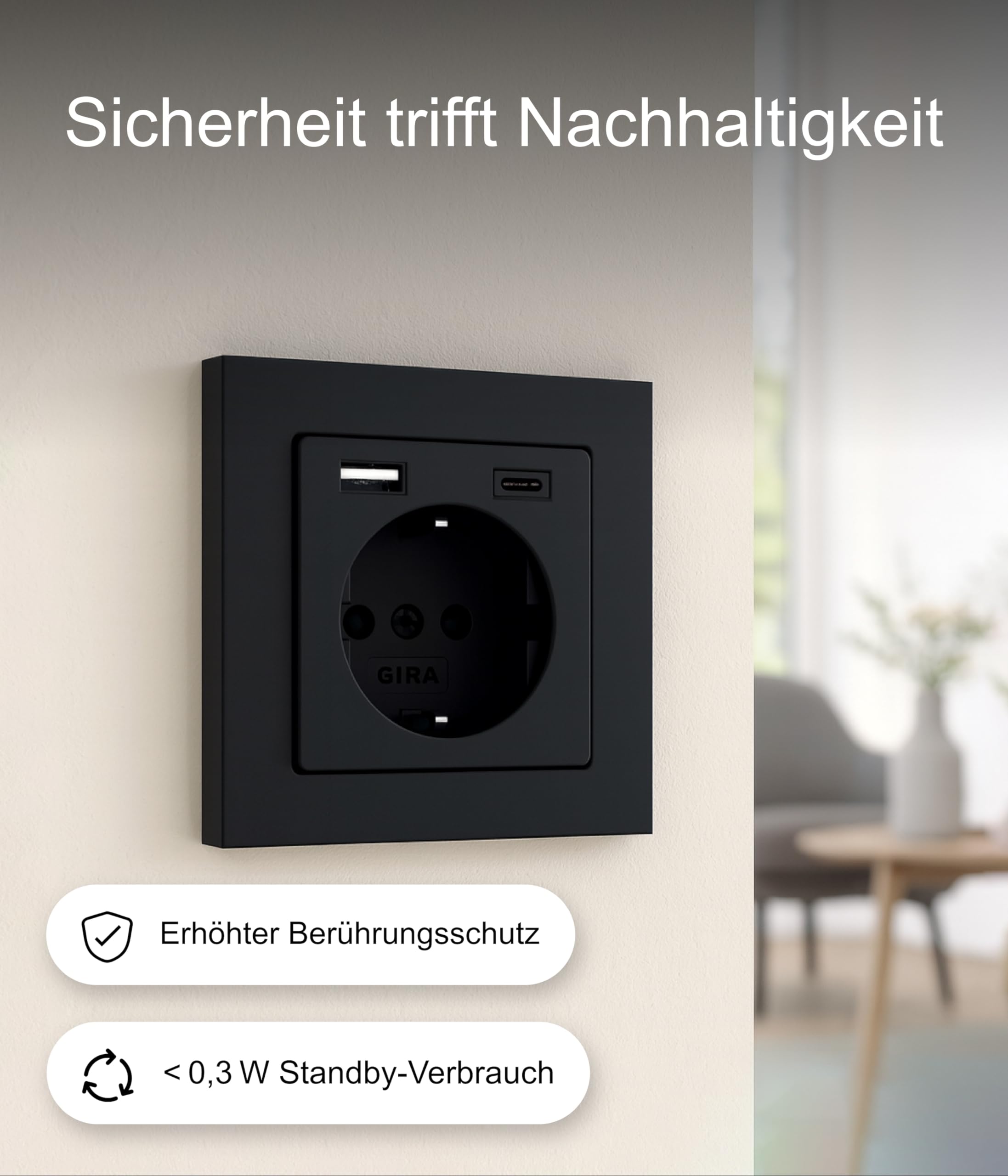 Gira USB Steckdose Schuko Standard 55 Schwarz matt I 2-fach USB Typ-A & Typ-C Ladeanschluss max.2,4A/3A I Unterputz Berührungsschutz 2459005 I 32 mm Einbautiefe I System 55 | Unterputz-Kombi mit 3A Ladestrom und erhöhtem Berührungsschutz, passend für Gira
