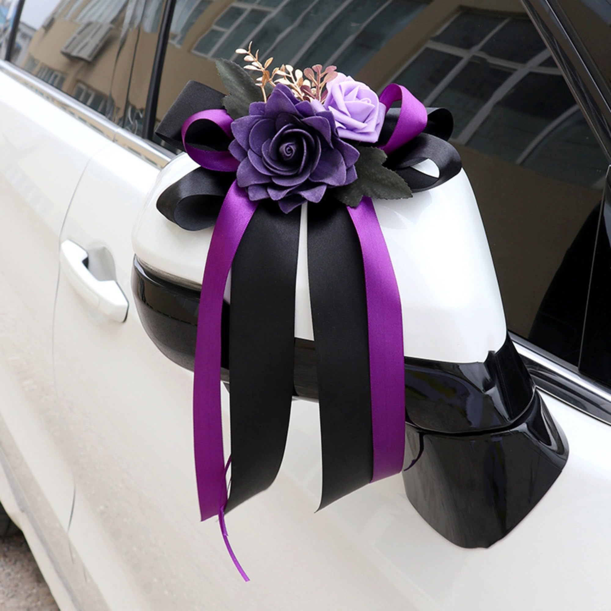 ZBELLO 6 Pcs Wedding Car Ribbon, Car Bow for Rearview Mirrors und Car Door Handle, Rose Flowers for Wedding Car Decorations (Purple)
