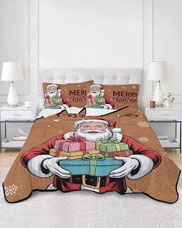 Queen Quilt Set, Christmas Santa Clause Lightweight Soft Microfiber Summer Bedspread Coverlet with 2 Pillow Shams, Winter Snowflake on Brown Linen 3 Piece Bedding Set for All Seasons