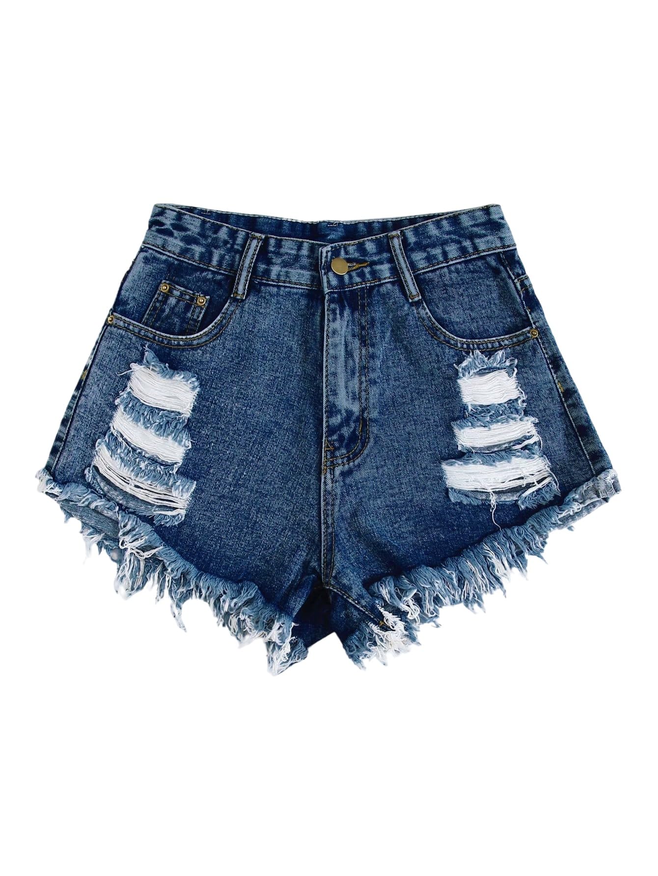 SOLY HUX Short en jean court pour femme - Taille haute - Avec franges - Short d'été
